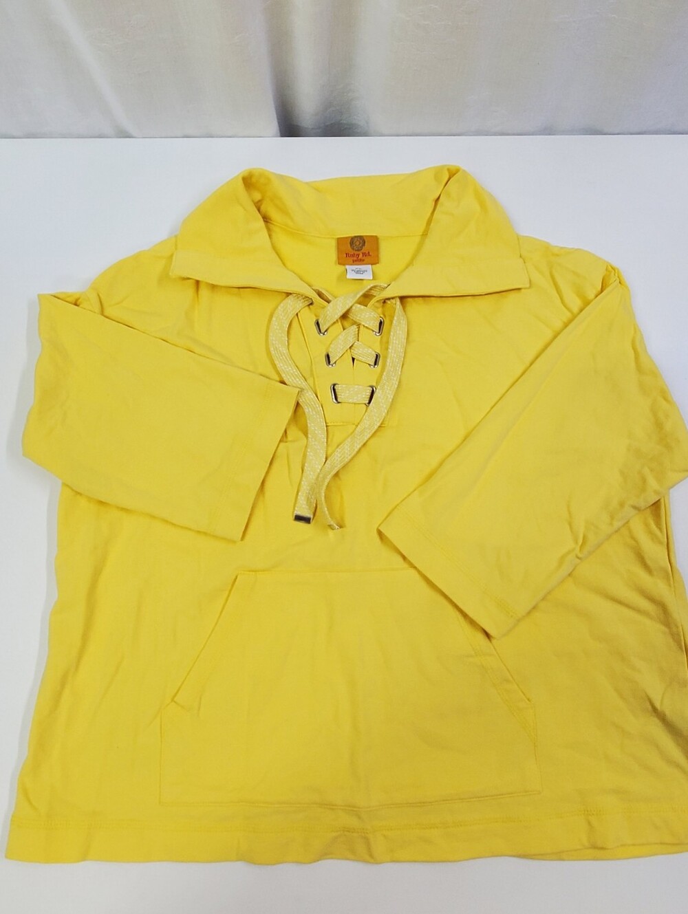 Ruby Rd. Yellow Knit 3/4 Sleeve Lace Up Front Pullover Top Petite Large